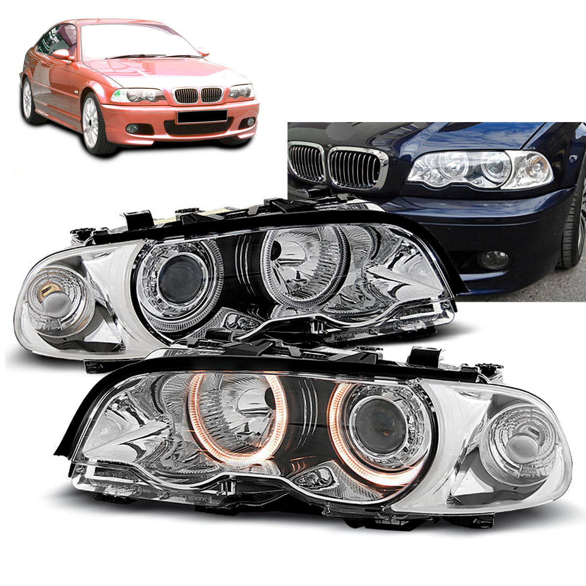 Scheinwerfer Angel Eyes Chrom passend für BMW E46 04.99-08.01 Coupé Cabrio