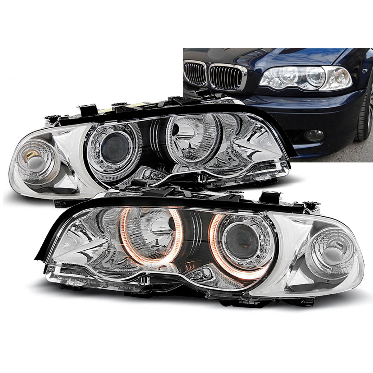 Scheinwerfer Angel Eyes Chrom passend für BMW E46 04.99-08.01 Coupé Cabrio