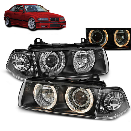 Scheinwerfer Angel Eyes Schwarz passend für BMW E36 12.90-08.99 Coupé Cabrio