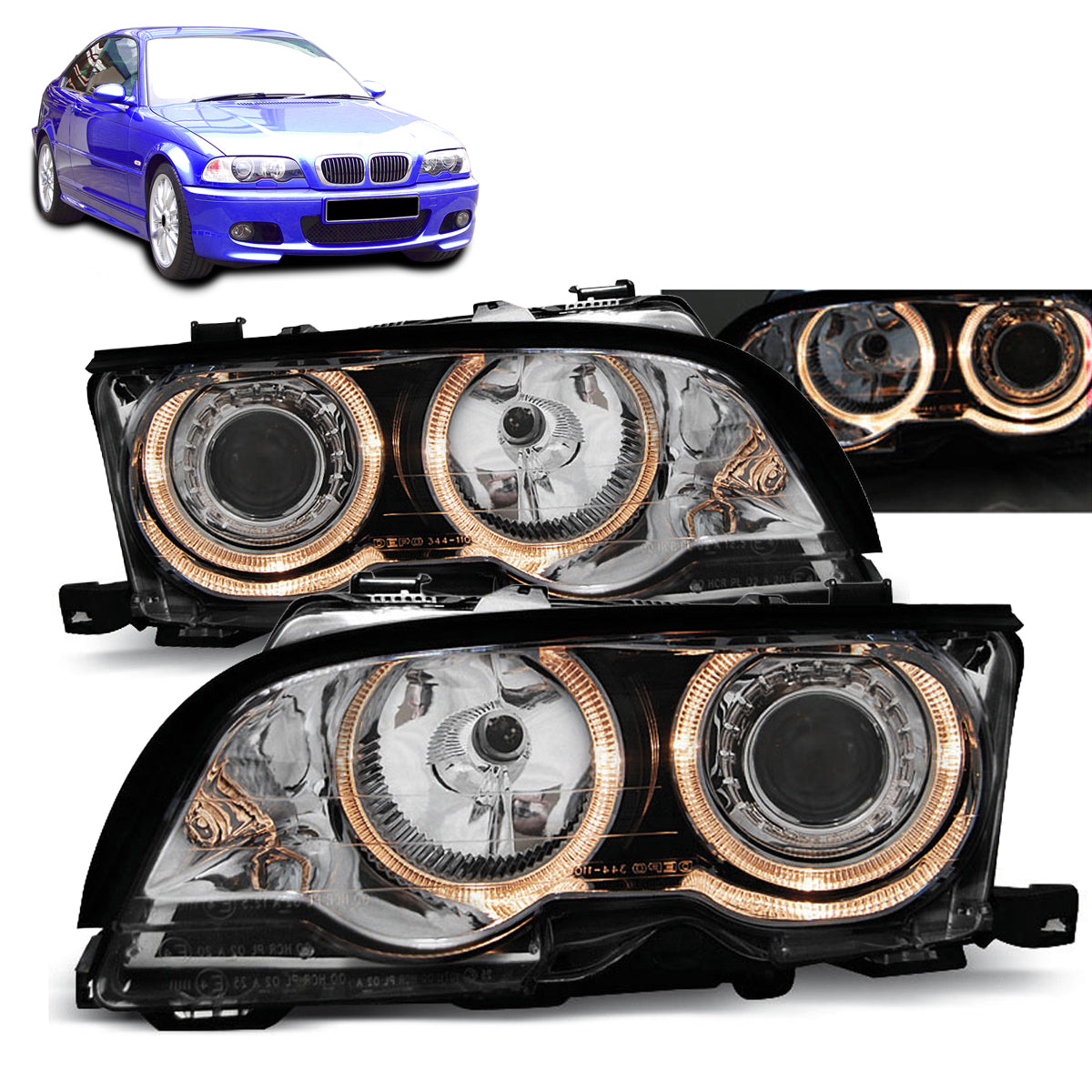 Scheinwerfer Angel Eyes Chrom passend für BMW E46 09.01-03.03 Coupé Cabrio