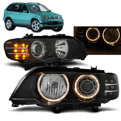 Xenon Scheinwerfer Angel Eyes Schwarz mit LED Blinker passend für BMW X5 E53 09.99-10.03