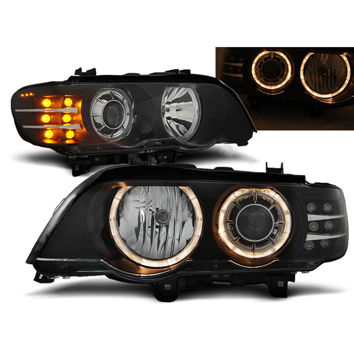 Xenon Scheinwerfer Angel Eyes Schwarz mit LED Blinker passend für BMW X5 E53 09.99-10.03