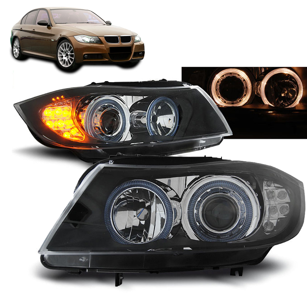 Scheinwerfer Angel Eyes Schwarz mit LED Blinker passend für BMW E90/E91 03.05-08.08