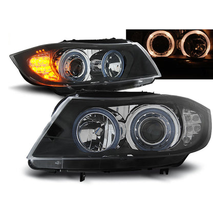 Scheinwerfer Angel Eyes Schwarz mit LED Blinker passend für BMW E90/E91 03.05-08.08