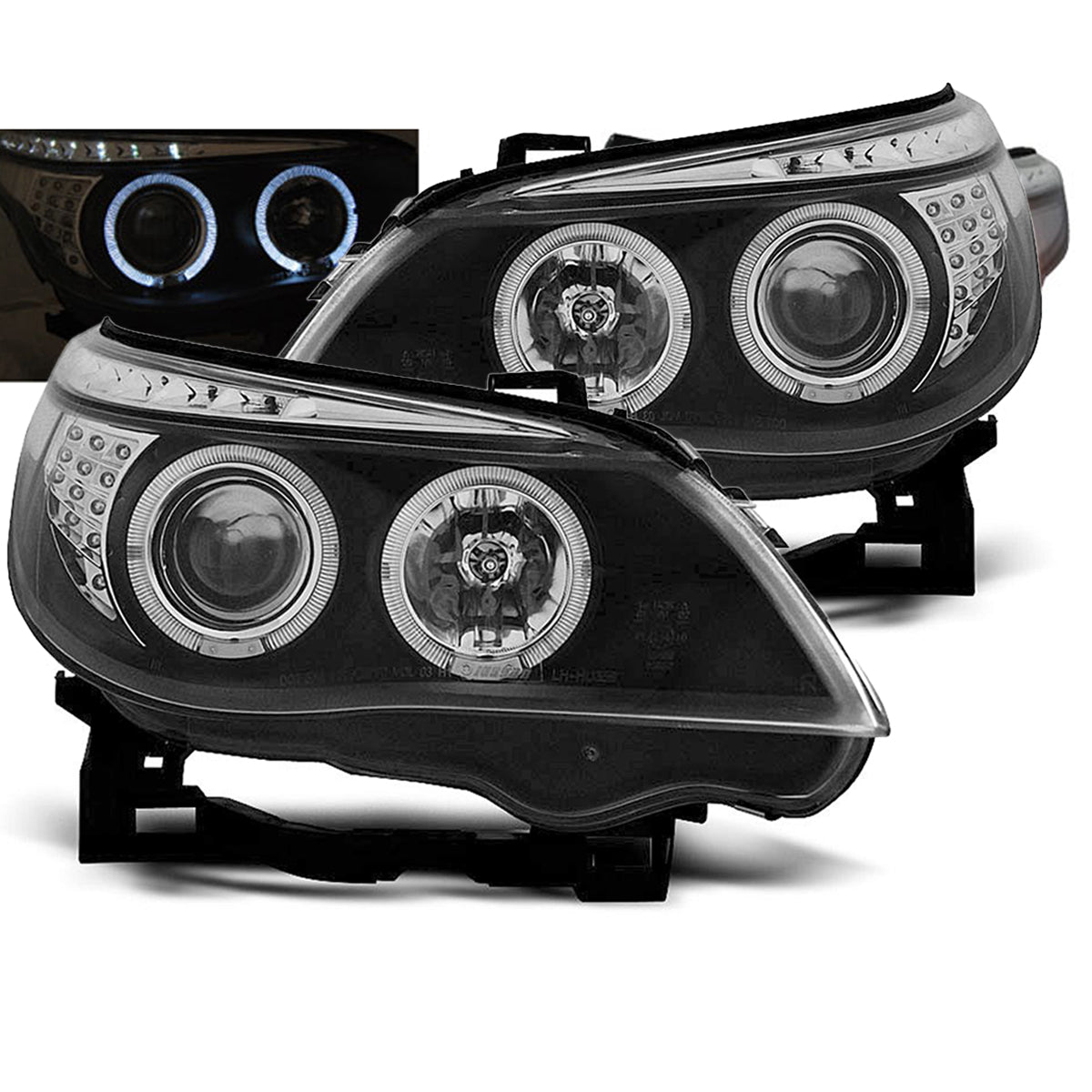Scheinwerfer Angel Eyes Schwarz mit LED Blinker passend für BMW E60/E61 03-07
