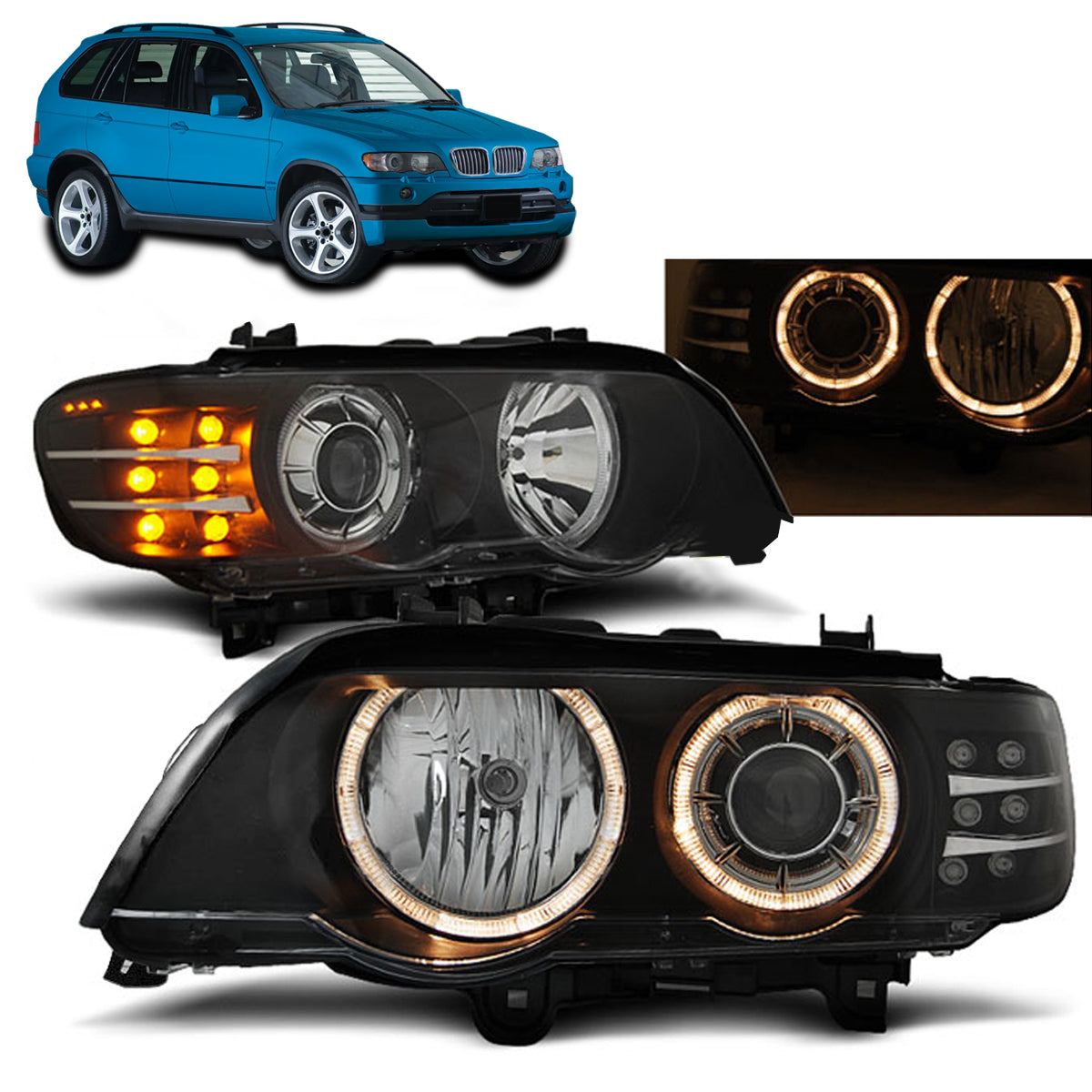 Scheinwerfer Angel Eyes Schwarz LED Blinker passend für BMW X5 E53 09.99-10.03