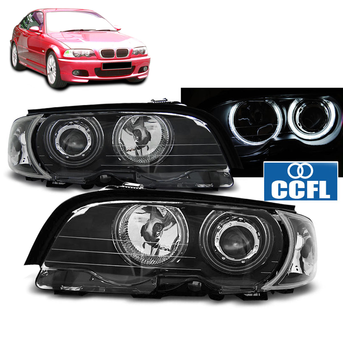 Scheinwerfer Angel Eyes CCFL Schwarz passend für BMW E46 04.99-03.03 Coupé Cabrio