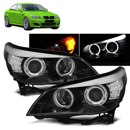 Scheinwerfer Angel Eyes Schwarz LED Blinker passend für BMW E60/E61 03-07