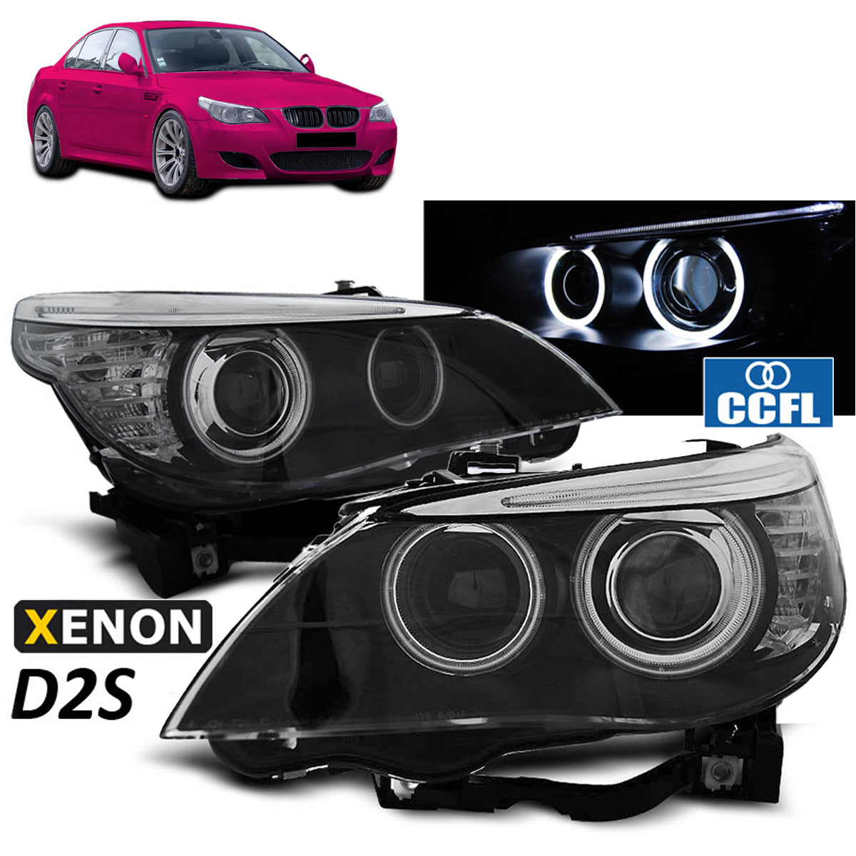 Xenon Scheinwerfer D2S Angel Eyes CCFL Schwarz passend für BMW E60/E61 03-04