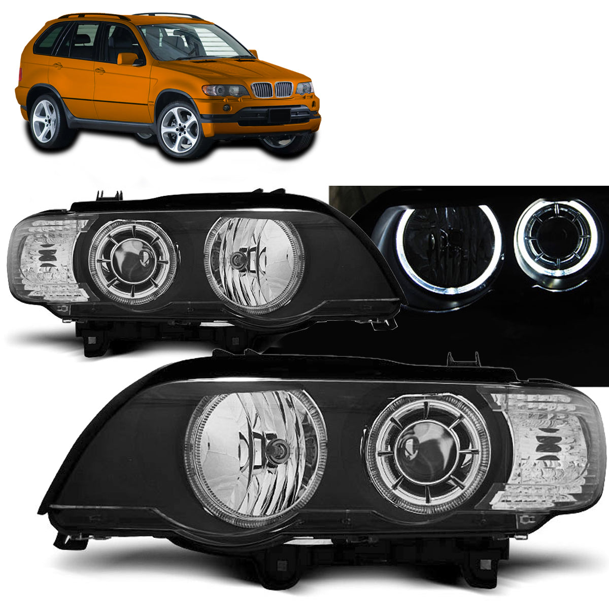 Scheinwerfer Angel Eyes LED Schwarz passend für BMW X5 E53 09.99-10.03