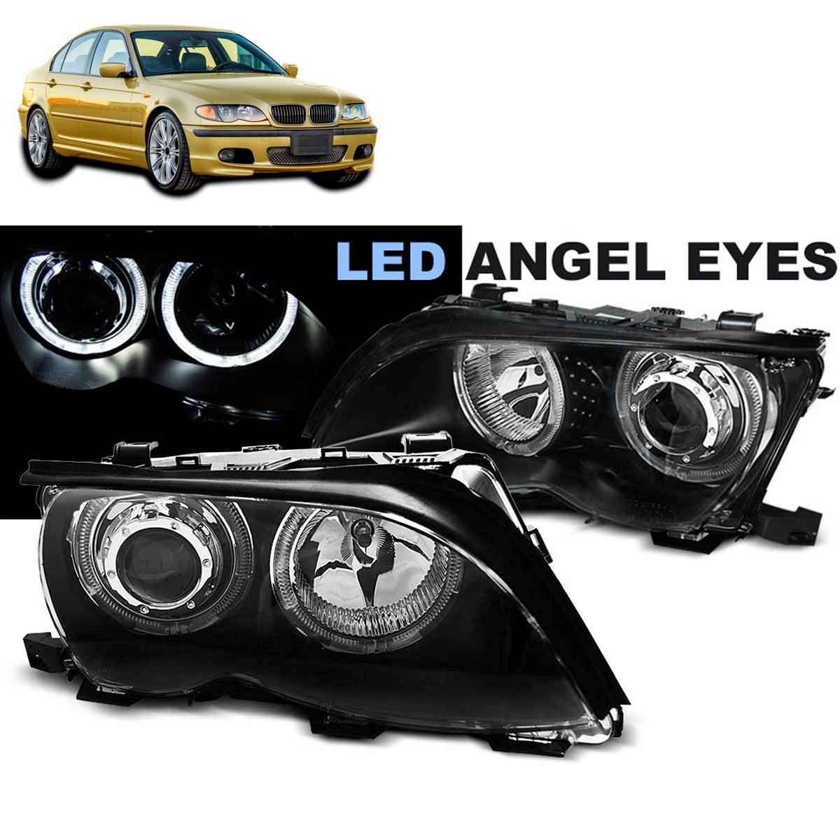 Scheinwerfer Angel Eyes LED Schwarz passend für BMW E46 09.01-03.05