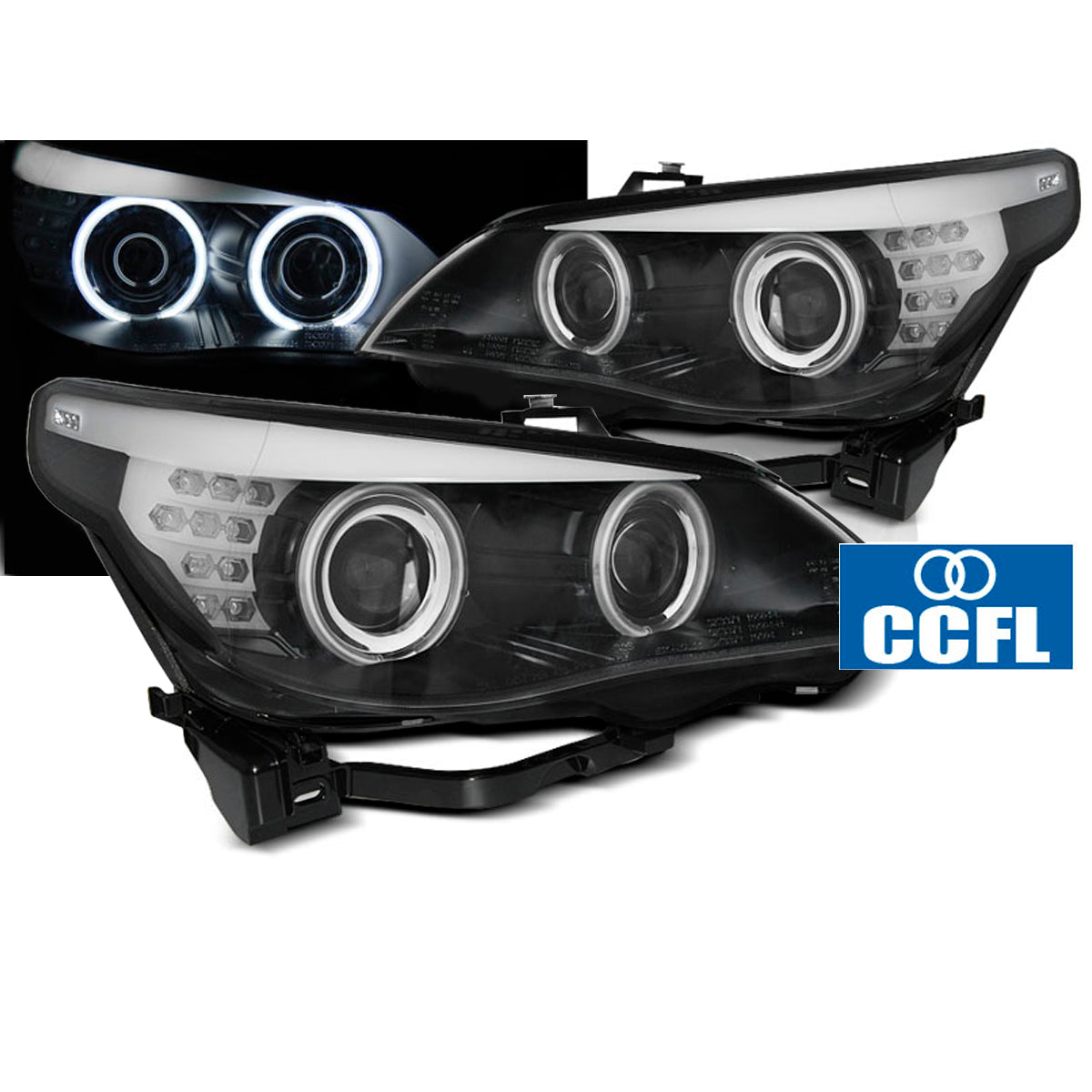 Scheinwerfer Angel Eyes CCFL Schwarz mit LED Blinker passend für BMW E60/E61 03-07