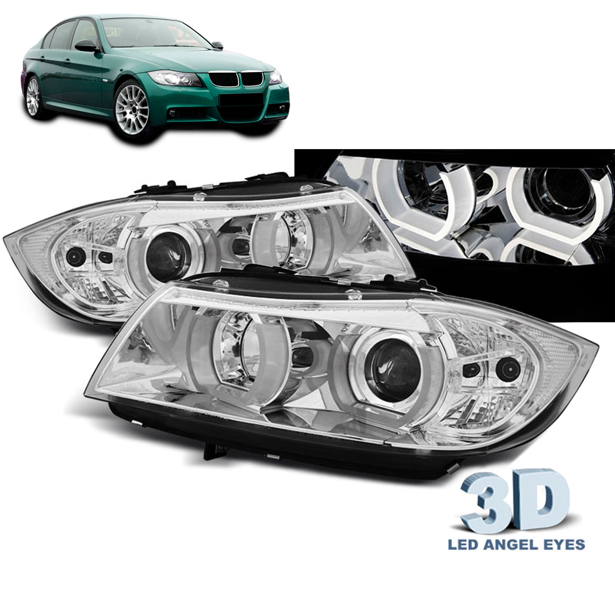 Scheinwerfer U-LED Licht 3D Chrom passend für BMW E90/E91 03.05-08.08