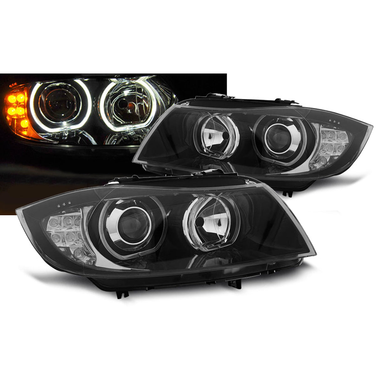 Scheinwerfer Angel Eyes LED Blinker Schwarz passend für BMW E90/E91 03.05-11