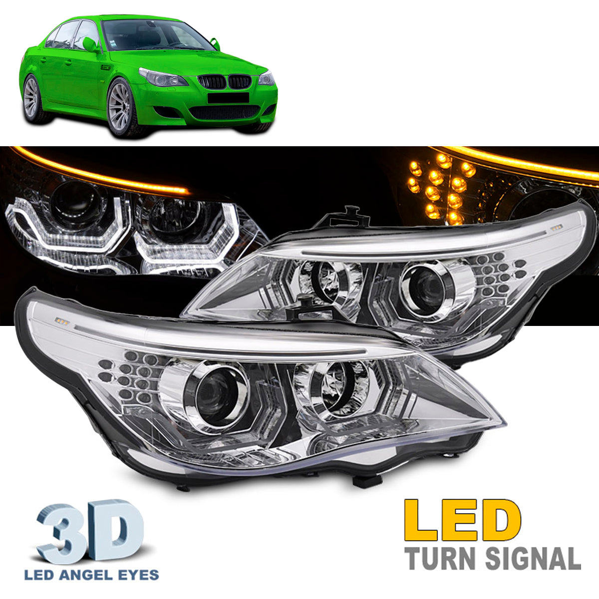 Scheinwerfer Angel Eyes LED 3D Chrom passend für BMW E60 E61 03-07