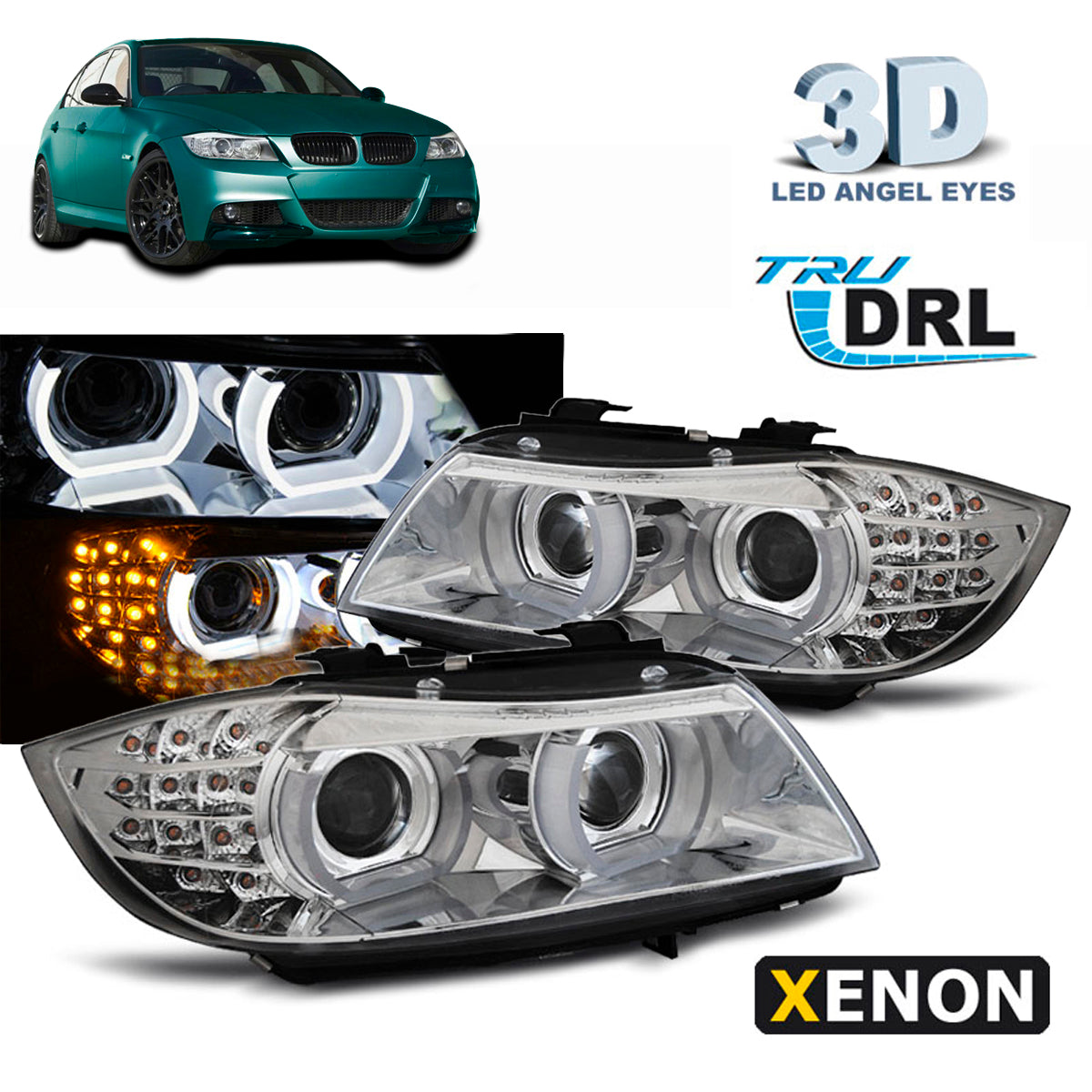 XENON Scheinwerfer Angel Eyes LED Tagfahrlicht Chrom passend für BMW E90/E91 09-11