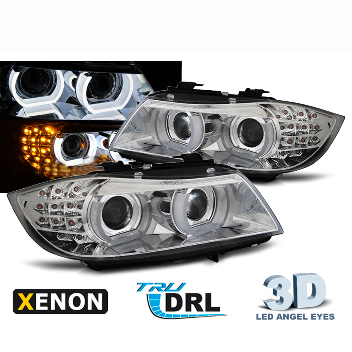 XENON Scheinwerfer Angel Eyes LED Tagfahrlicht Chrom passend für BMW E90/E91 09-11