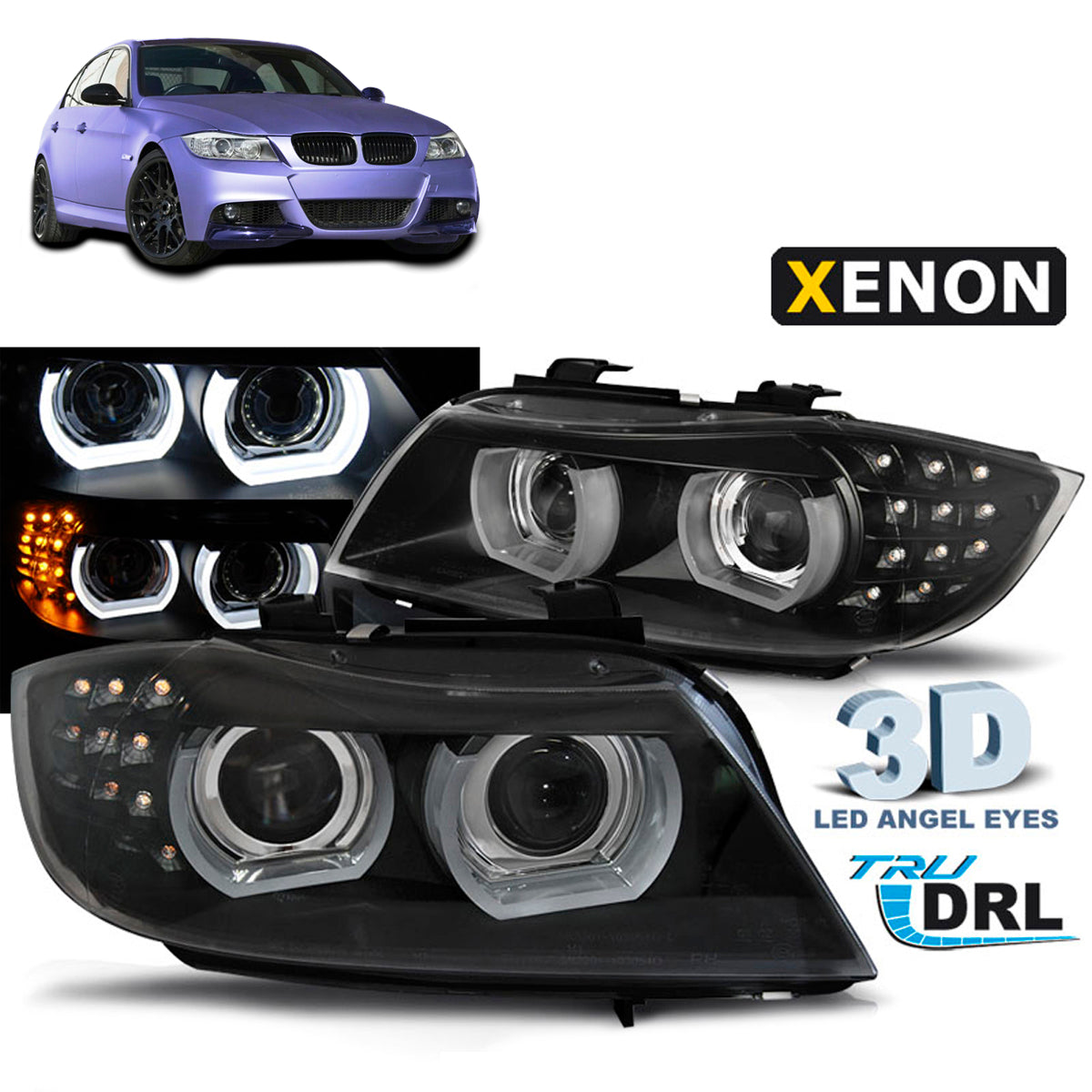 XENON Scheinwerfer Angel Eyes LED Tagfahrlicht Schwarz passend für BMW E90/E91 09-11