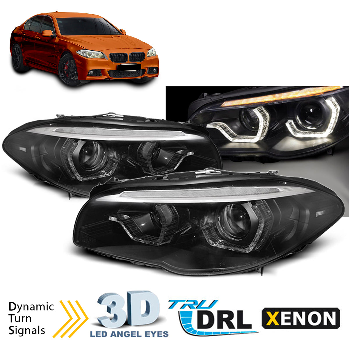 Xenon Scheinwerfer Angel Eyes LED DRL Schwarz SEQ passend für BMW F10/F11 10-13