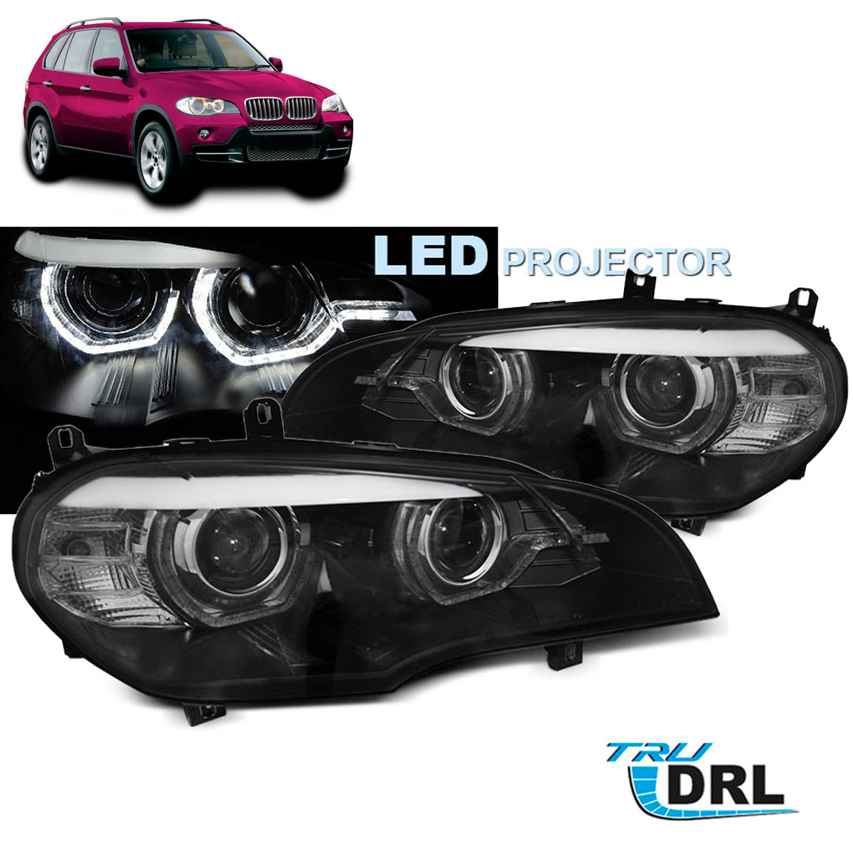 LED Scheinwerfer Angel Eyes LED DRL Schwarz passend für BMW X5 E70 07-13 (Xenon OEM)