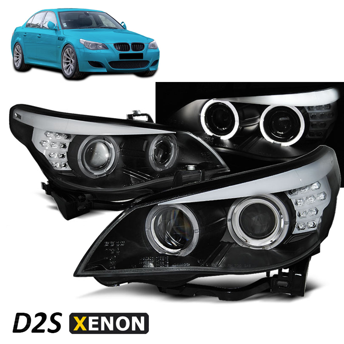 Xenon D2S Scheinwerfer Angel Eyes Schwarz LED Blinker passend für BMW E60/E61 03-04