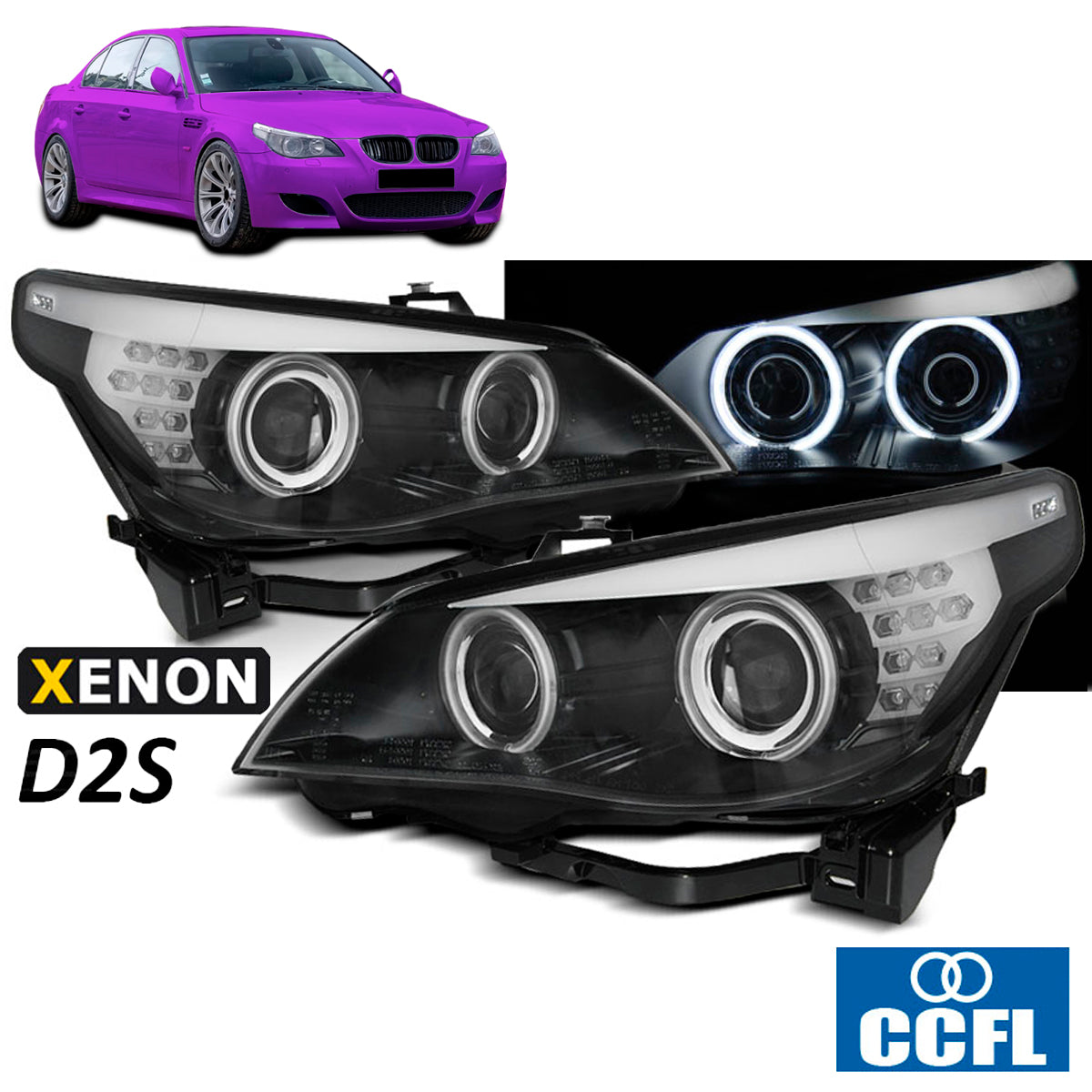 XENON D2S Scheinwerfer CCFL Angel Eyes Schwarz LED Blinker passend für BMW E60/E61 03-04