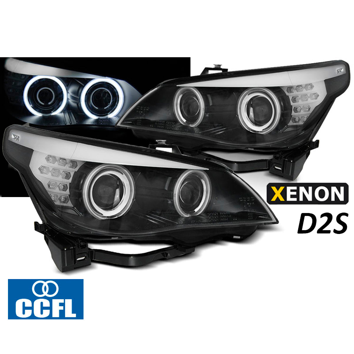 XENON D2S Scheinwerfer CCFL Angel Eyes Schwarz LED Blinker passend für BMW E60/E61 03-04