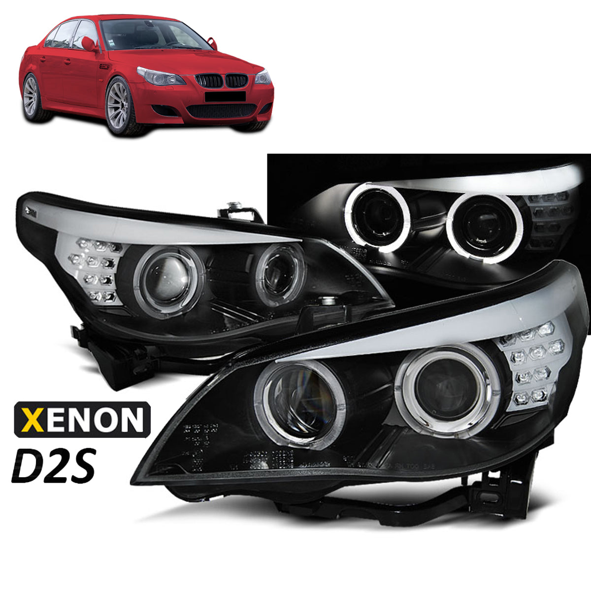 XENON D1S Scheinwerfer Angel Eyes Schwarz LED Blinker passend für BMW E60/E61 05-07