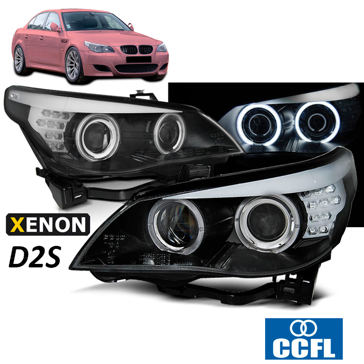 XENON D1S Scheinwerfer CCFL Angel Eyes Schwarz LED Blinker passend für BMW E60/E61 05-07
