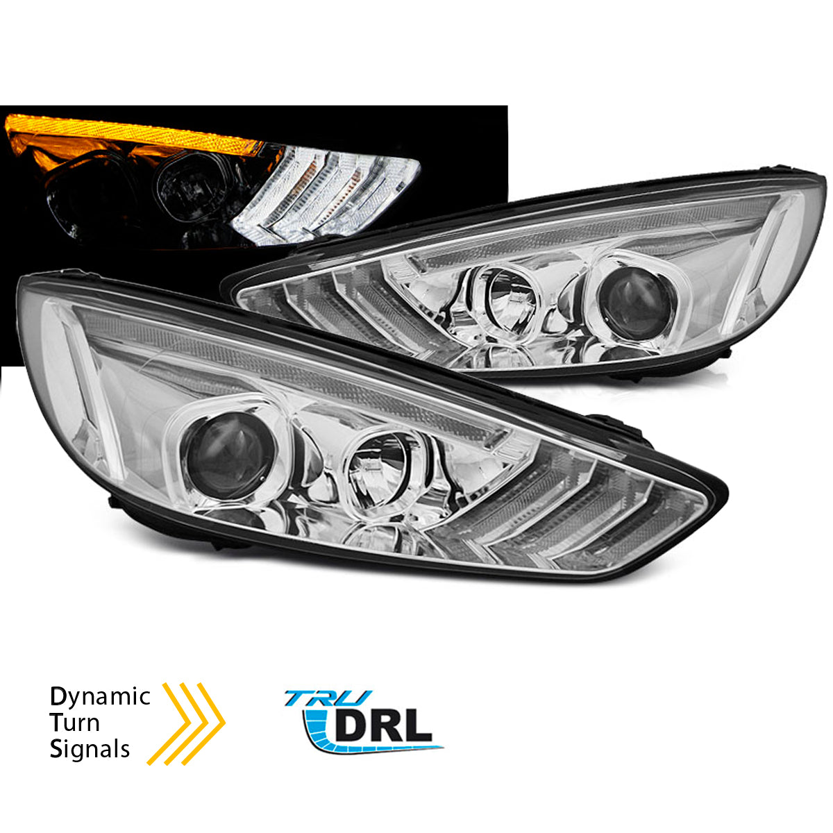 Scheinwerfer passend für Ford Focus MK3 15-18 Chrom Tagfahrlicht LED sequenzieller Blinker