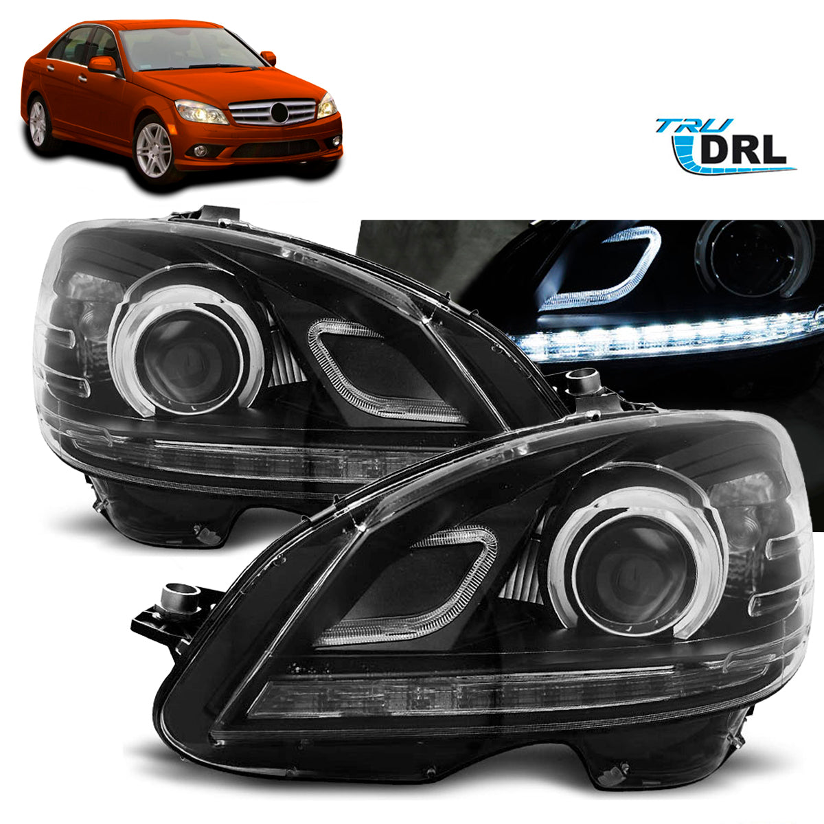 Scheinwerfer True DRL Schwarz passend für Mercedes W204 07-10