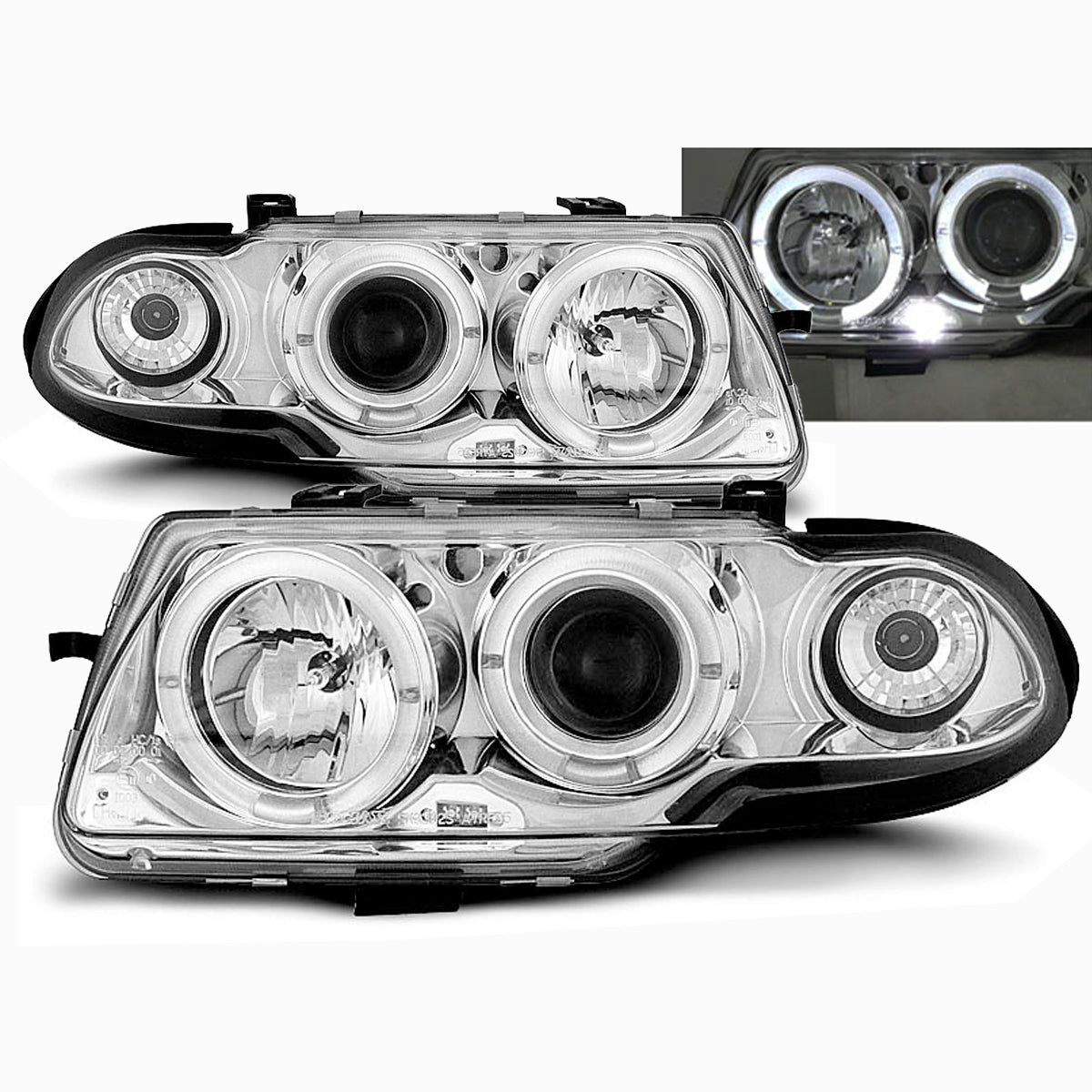 Scheinwerfer passend für Opel Astra F 09.94-08.97 Angel Eyes Chrom