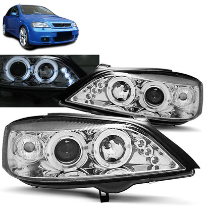Scheinwerfer passend für Opel Astra G 02.98-02.04 Angel Eyes Chrom