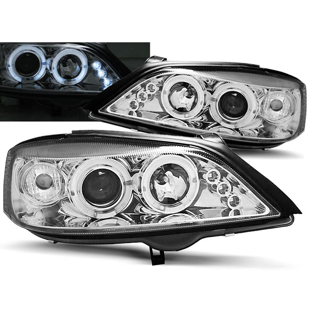 Scheinwerfer passend für Opel Astra G 02.98-02.04 Angel Eyes Chrom