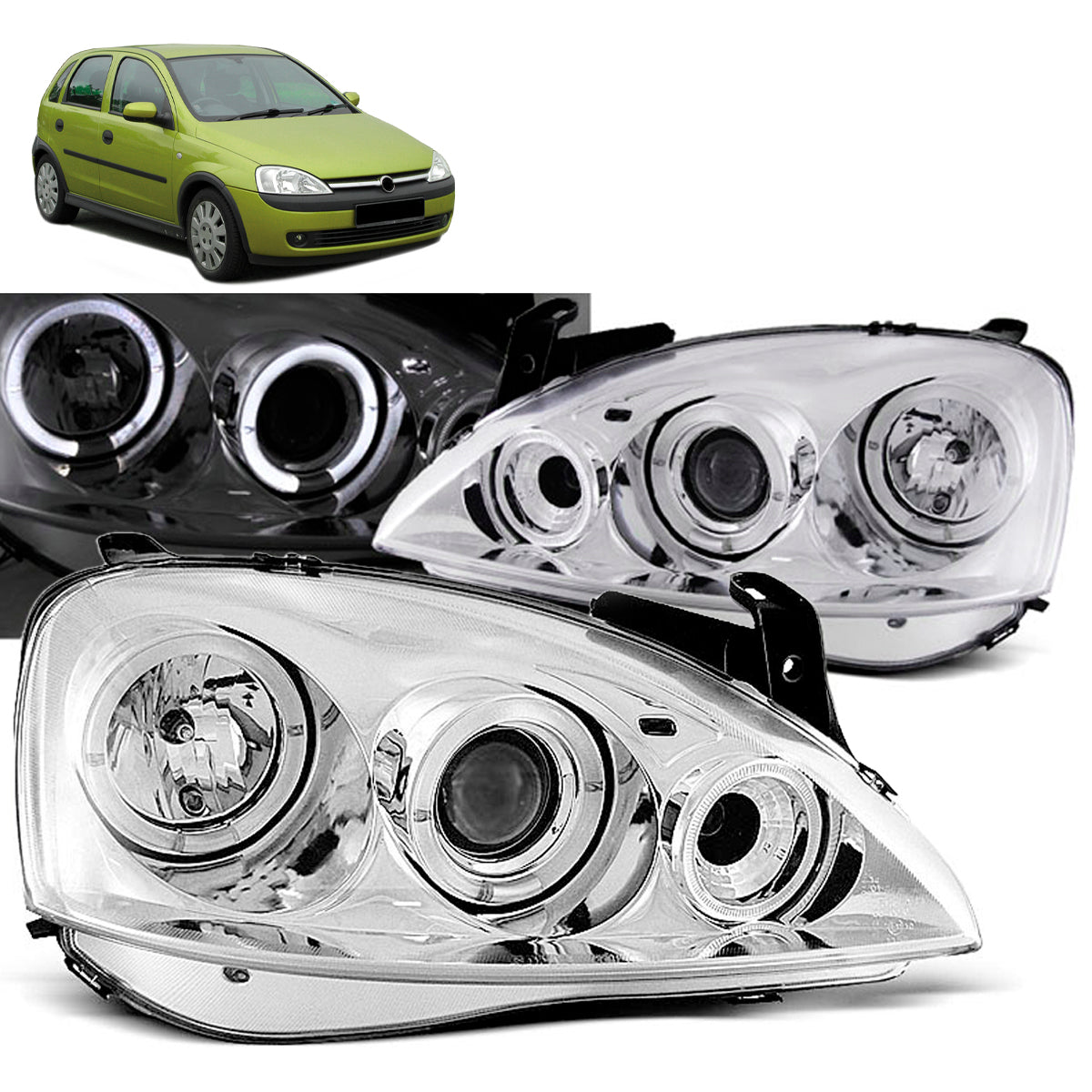Scheinwerfer passend für Opel Corsa C 11.00 - 09.06 Angel Eyes Chrom