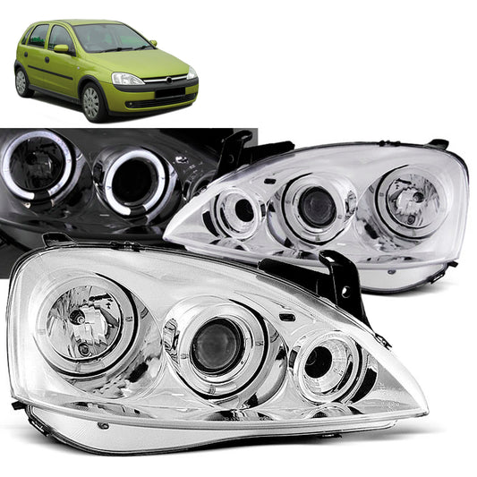 Scheinwerfer passend für Opel Corsa C 11.00 - 09.06 Angel Eyes Chrom