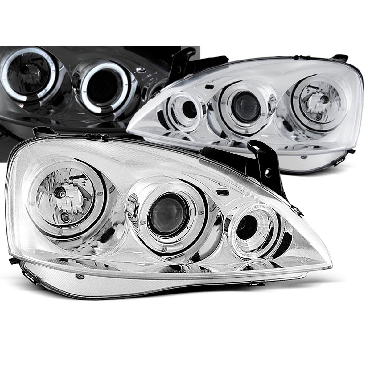Scheinwerfer passend für Opel Corsa C 11.00 - 09.06 Angel Eyes Chrom