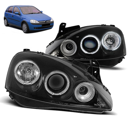 Scheinwerfer passend für Opel Corsa C 11.00-09.06 Angel Eyes Schwarz