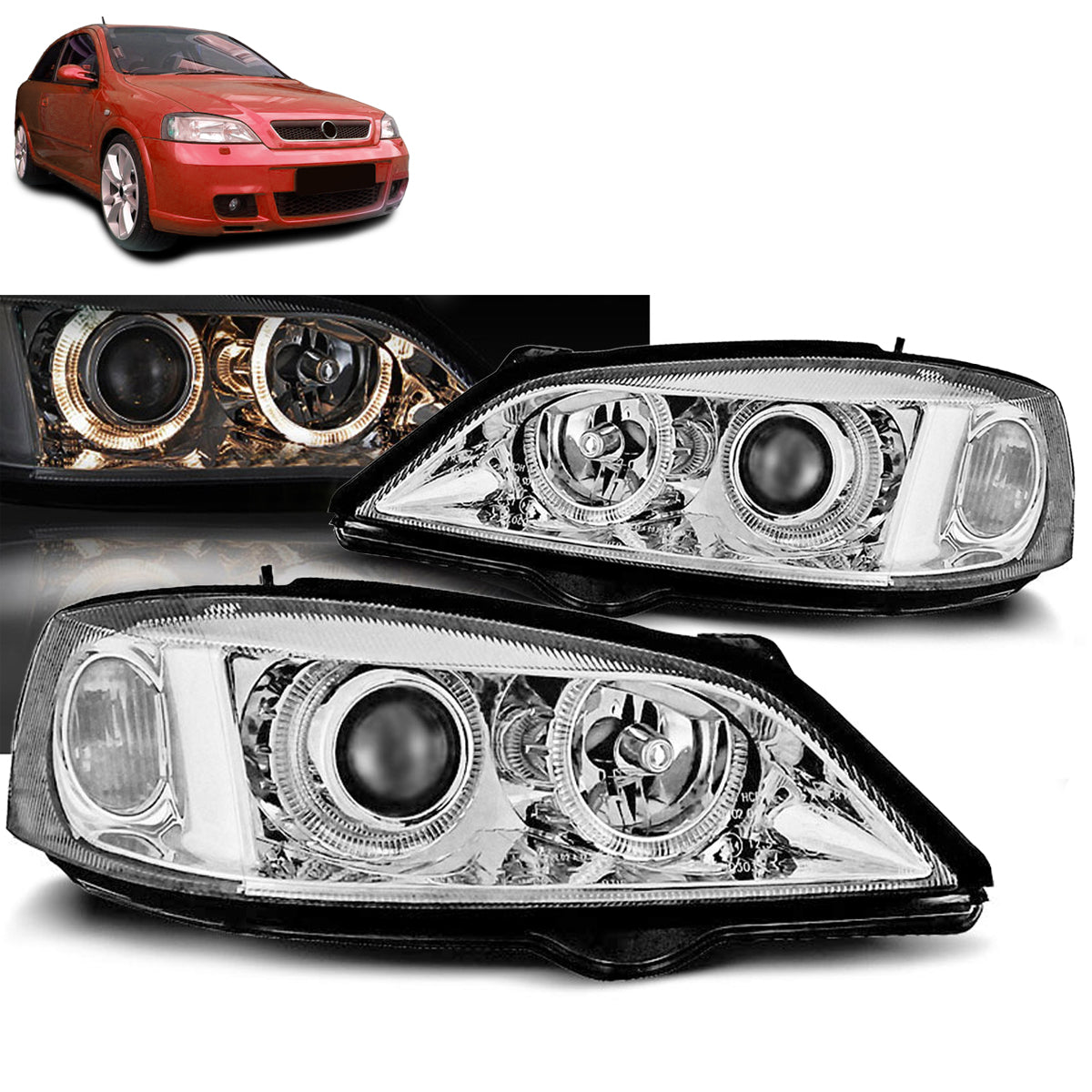 Scheinwerfer passend für Opel Astra G 09.97-02.04 Angel Eyes Chrom