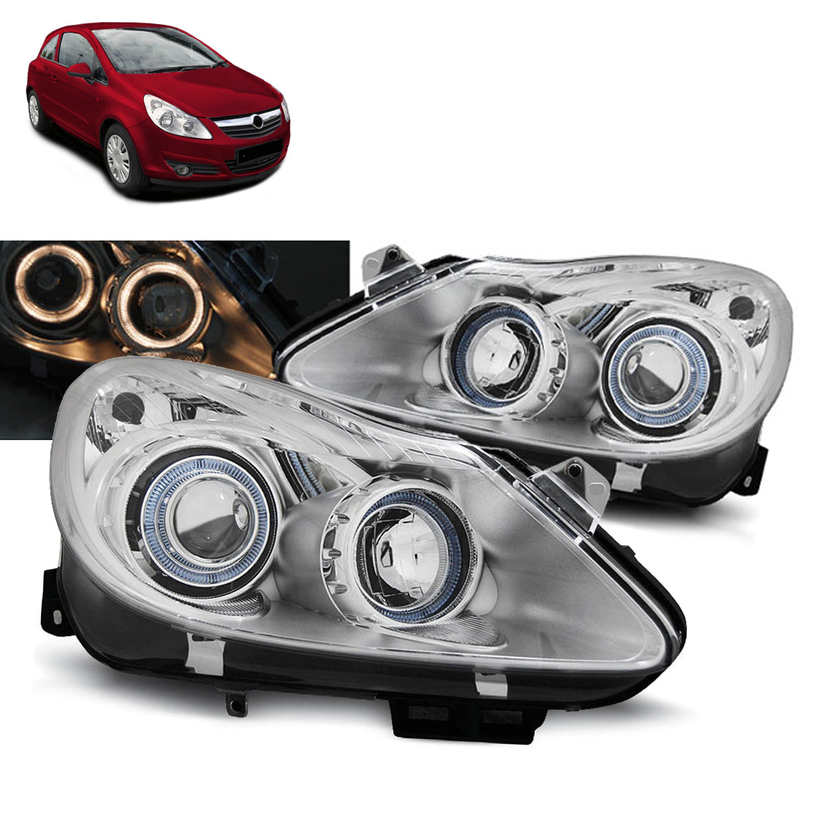 Scheinwerfer passend für Opel Corsa D 04.06-11 Angel Eyes Chrom