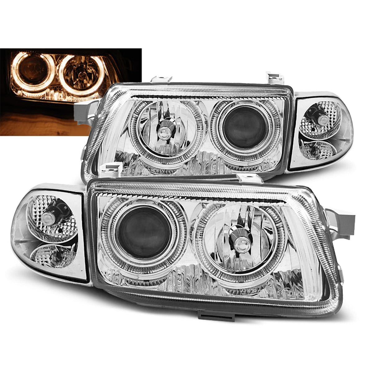 Scheinwerfer passend für Opel Astra F 09.94-08.97 Angel Eyes Chrom