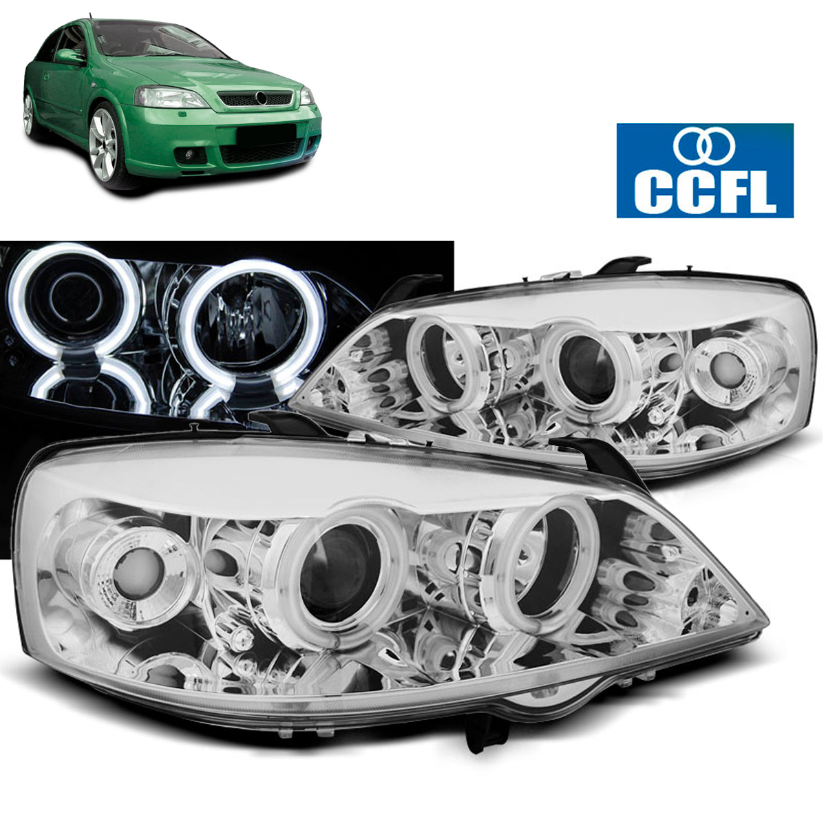 Scheinwerfer passend für Opel Astra G 09.97-02.04 Angel Eyes CCFL Chrom