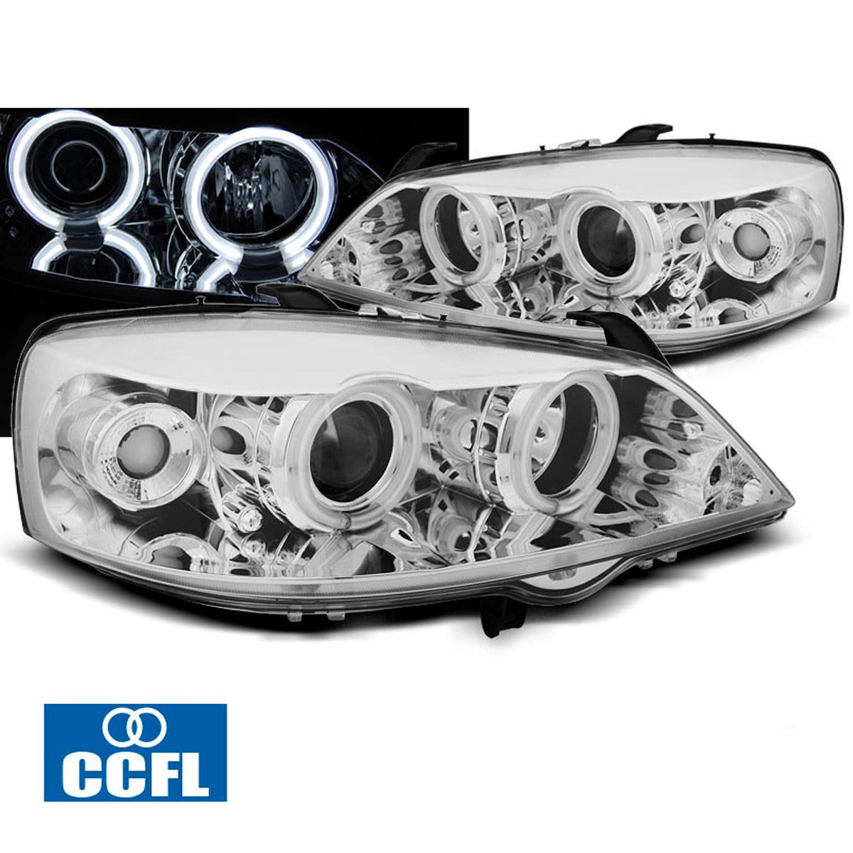 Scheinwerfer passend für Opel Astra G 09.97-02.04 Angel Eyes CCFL Chrom