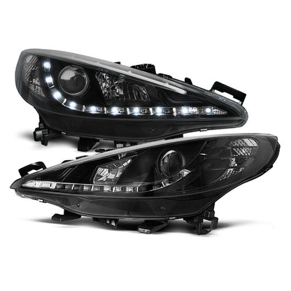 Scheinwerfer passend für Peugeot 207 05.06-06.12 Daylight Schwarz mit Motor