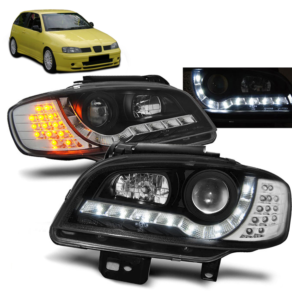 Scheinwerfer Daylight Schwarz passend für Seat Ibiza/Cordoba 09.99-03.02