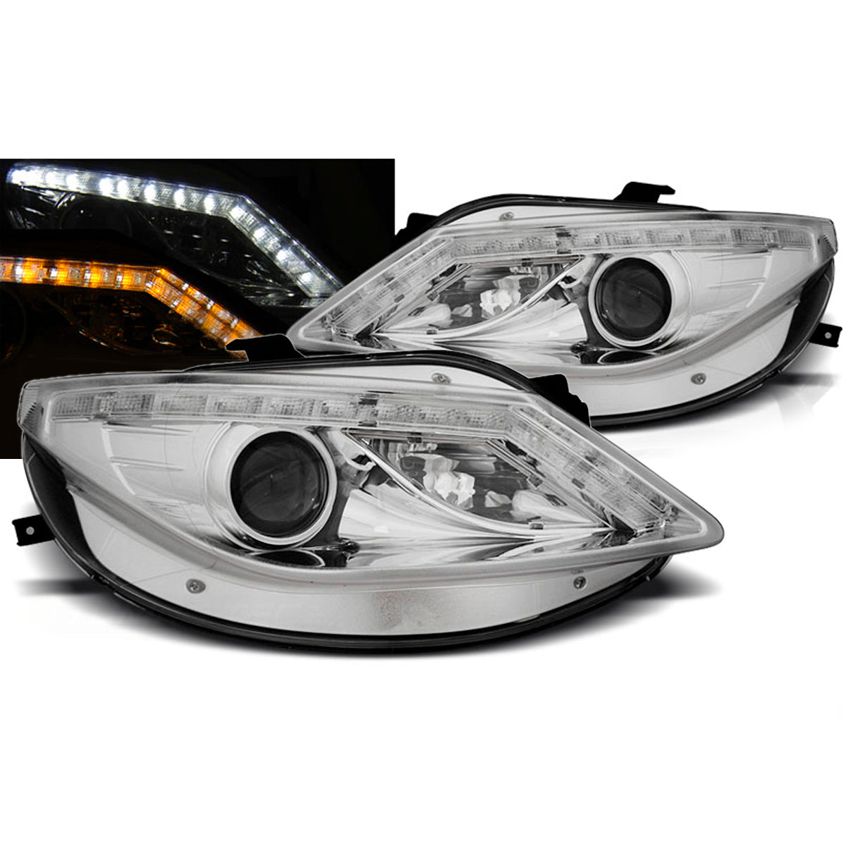 Scheinwerfer Tagfahrlicht Chrom mit LED-Blinker passend für Seat Ibiza 6J 06.08-12