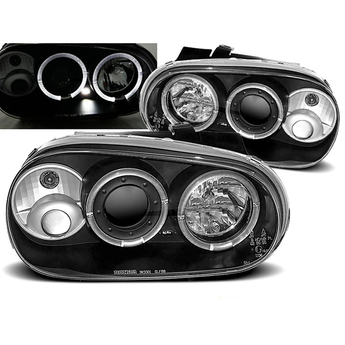 Scheinwerfer Angel Eyes Schwarz passend für VW Golf 4 09.97-09.03