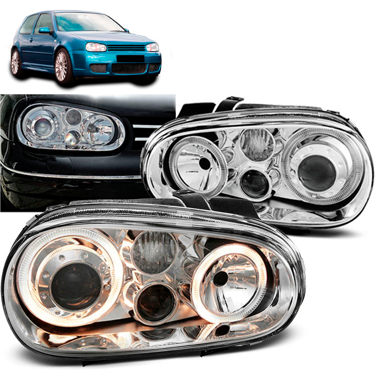 Scheinwerfer Angel Eyes Chrom passend für VW Golf 4 09.97-09.03