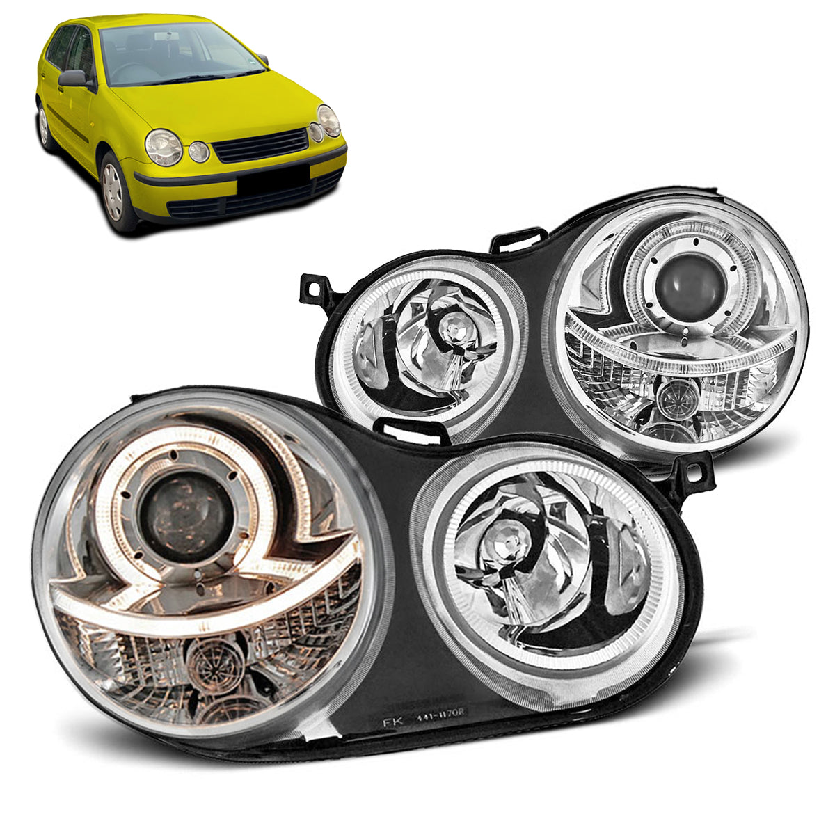 Scheinwerfer Angel Eyes Chrom passend für VW Polo 9N 11.01-04.05
