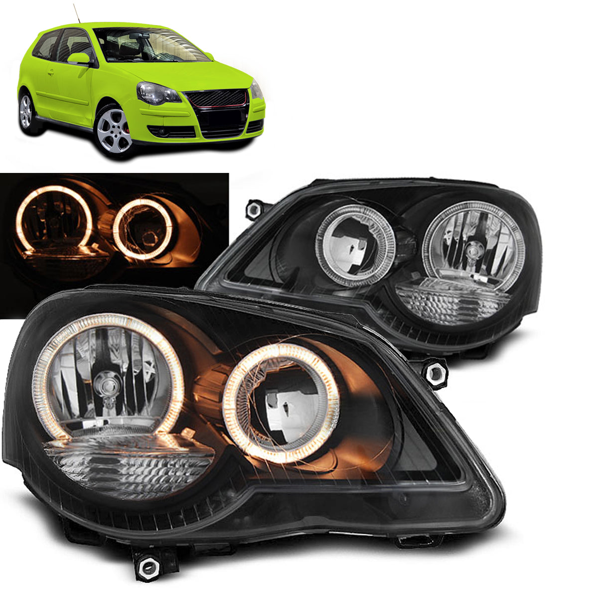 Scheinwerfer Angel Eyes Schwarz passend für VW Polo 9N3 04.05-09